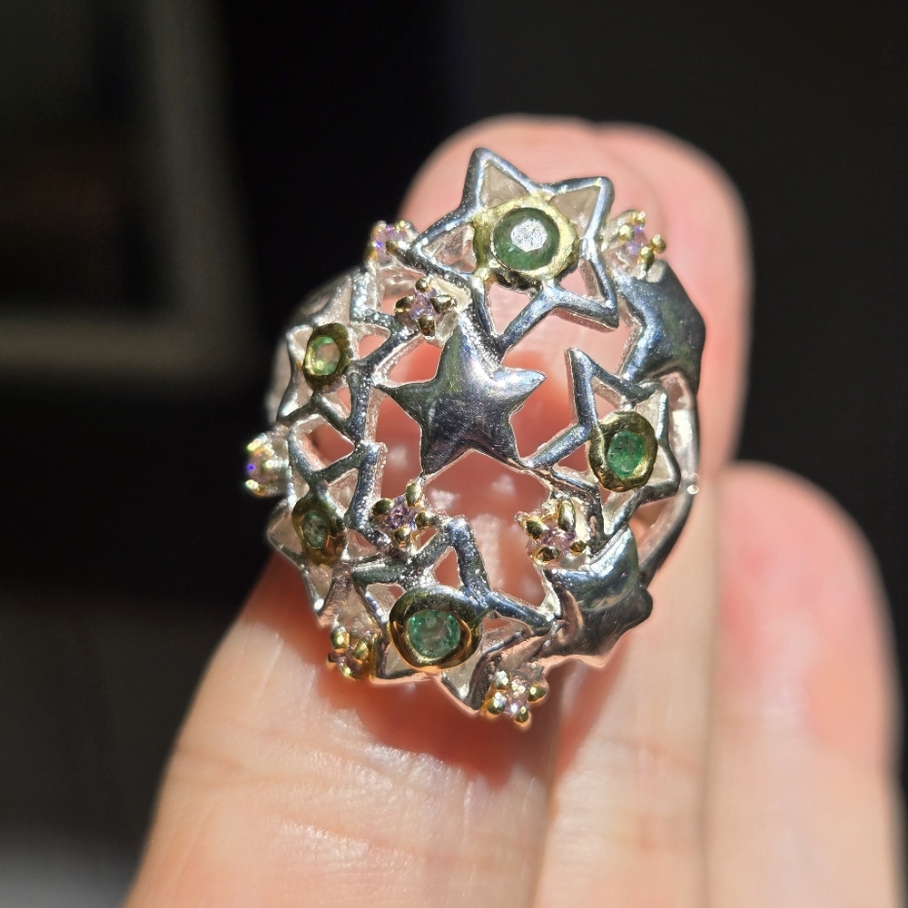 Emerald & Topaz sterling & gold star dome ring sz7.5 - Picture 12 of 12